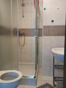 a bathroom with a shower with a toilet and a sink at Adria in Sarbinowo +36 photos