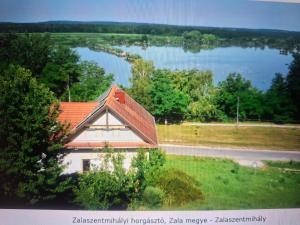 a house with a red roof next to a lake at Diviák Apartman in Zalaszentmihály