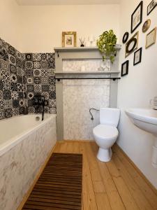 a bathroom with a toilet and a tub and a sink at Apartmán siedmy div in Banská Štiavnica