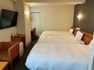 a hotel room with two beds and a flat screen tv at Hotel Premium Green Plus in Sendai