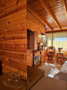 a room with wooden walls and a living room with a fireplace at Hotel Kocibelli POOL & SPA in Korçë