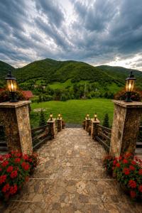 a pathway leading to a field with flowers and lights at Rustic Cottage in Sibiu