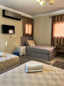 a bedroom with two beds and a tv in it at Gem View Grand Boutique in Cairo