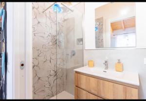 a bathroom with a shower with a sink and a mirror at B&B I Menhir "nel Bosco" - Affittacamere in Lerici