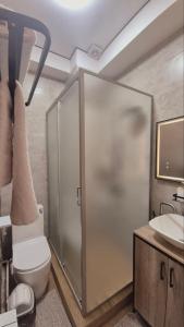 a bathroom with a shower and a toilet and a sink at Beypil Place in Kochkorka +6 photos