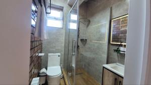 a bathroom with a shower and a toilet and a sink at Beypil Place in Kochkorka