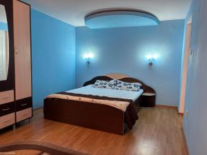 a blue bedroom with a bed and a blue wall at Vila Nana in Râmnicu Vâlcea