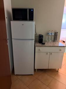 eine Küche mit einem weißen Kühlschrank und einer Mikrowelle in der Unterkunft Arcore Relax Suite in Arcore