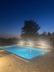 a swimming pool at night with a tree in the background at Hidden Villa in Klarići