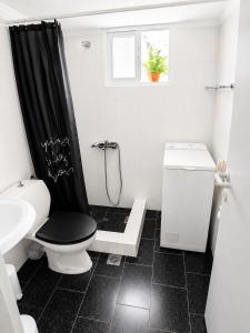 a bathroom with a black shower curtain and a toilet at Pefkostalia in Pefkochori