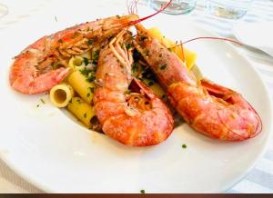a white plate with shrimp and vegetables on a table at Hotel Merano in Misano Adriatico