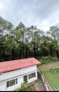 a house with a red roof in front of a forest at Stay in Forest in Haldwāni
