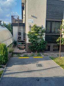 a sidewalk in front of a building with a tree at Apartment Sonata in Kamnik