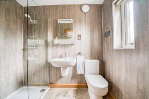 a bathroom with a toilet and a sink and a shower at Luxury Cottage in the New Forest with Log Burner in Redlynch +20 photos