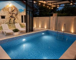 a swimming pool with two chairs and a mural at Paradise Mtskheta in Tbilisi City +12 photos