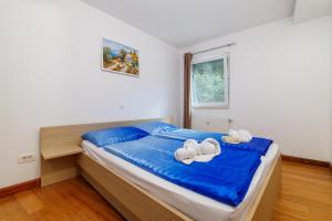 a bedroom with a bed with blue sheets and a window at Villa Adry 2 in Bribir +33 photos