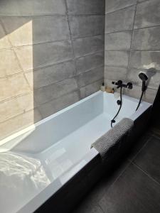 a white bath tub with a faucet in a bathroom at Chambre d'hôtes Ahetzina in Ahetze +16 photos