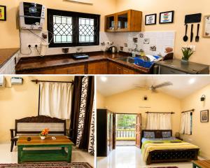 two pictures of a kitchen and a living room at Goan Villa Anjuna Beach in Anjuna +14 photos
