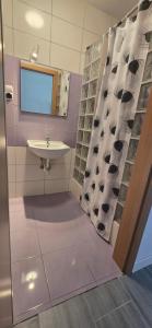 a bathroom with a sink and a mirror at Promyk 2 in Rewal