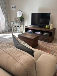 a living room with a couch and a flat screen tv at Olive Branch Cottage off grid in Benoni
