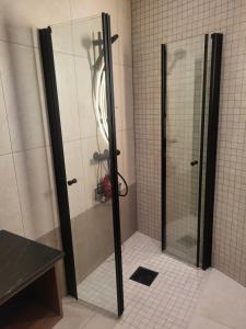 a shower with a glass door in a bathroom at Flakstad beach house Silo A in Vareid +45 photos
