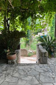 a garden with two potted plants and a stone bench at Cozy house Luana in Lopud