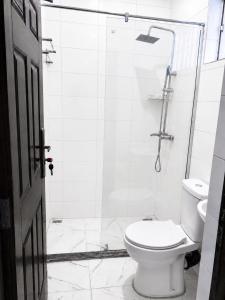 a white bathroom with a shower and a toilet at Aaron Obibi Court in Owerri