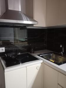 a small kitchen with a sink and a stove at Luxury Pigeons Cave Suites in Ksamil