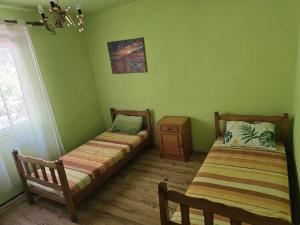 two beds in a room with green walls at Lina in Dobrota