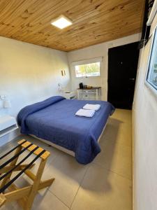 a bedroom with a bed with a blue comforter and a window at Deptosxdia in Perito Moreno
