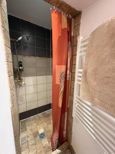 a shower with an orange shower curtain in a bathroom at A Casuccia Sischese in Sisco +12 photos