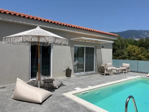 a swimming pool with an umbrella next to a house at Mirror Villas in Dhorizáta