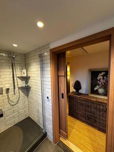 a walk in shower in a bathroom with a glass door at GENUSSZEIT Cottage in Udenhain +23 photos