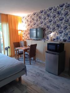 a hotel room with a bed and a table with a tv at De Rozenhof in Groningen