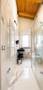 a bathroom with a glass shower and a sink at Casa Madrigale - radici e ritorni in Praia a Mare +8 photos