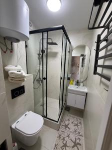 a bathroom with a shower and a toilet and a sink at Апартаменты в центре in Balqash