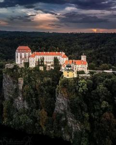an aerial view of a building on top of a mountain at Chata u tří borovic in Chvalatice
