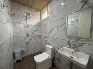 a bathroom with a sink and a toilet and a mirror at Chirooss Homestays And Resorts in Chikmagalūr +81 photos