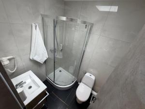 a bathroom with a shower and a toilet and a sink at Zen Rooms in Suceava