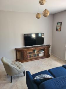 a living room with a blue couch and a television at La Dive Ligérienne - Gîte 2 chambres in Bourgueil