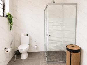 a bathroom with a toilet and a glass shower at Musgrave Escape - 3 bedroom home with tennis court in Durban +13 photos