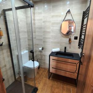a bathroom with a sink and a toilet and a mirror at Casa Fornos de Amor in Fornos de Algodres +3 photos