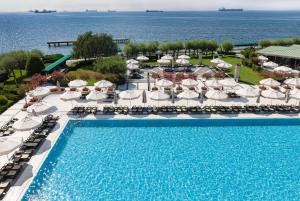 an aerial view of a resort pool with umbrellas and chairs at Renaissance Polat Istanbul Hotel in Istanbul