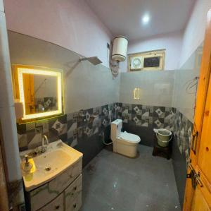 a bathroom with a sink and a toilet and a mirror at Harshil wood stay in Harsil +4 photos