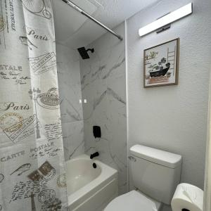 a bathroom with a toilet and a shower curtain at BR Dallas I6 in Dallas