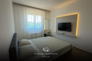 a bedroom with a bed and a flat screen tv at Miti Apartment with Marina View & Spa Access in Veliko Gradište