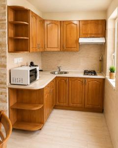 a kitchen with wooden cabinets and a microwave at Pákász Nyaralóház in Tiszafüred