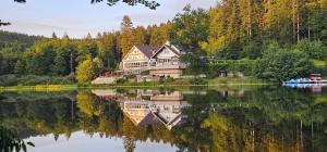 a large house on the shore of a lake at Schwaben Resort Ebnisee in Ebni