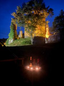 a night view of a castle with a car in front of it at Guest House Villa Castello in Nucetto
