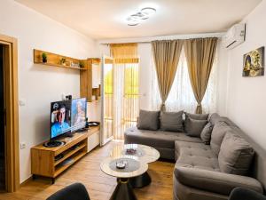 a living room with a couch and a tv at Emperus Spa in Veliko Gradište